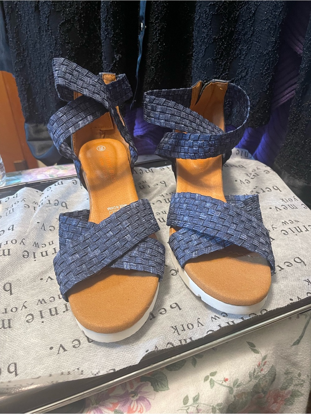 bernie mev. Navy Woven Ankle-Strap Platform Sandals
